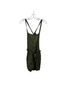 Sugar+Lips Womens Linen Blend Romper Green Tie Straps Size Small Pockets